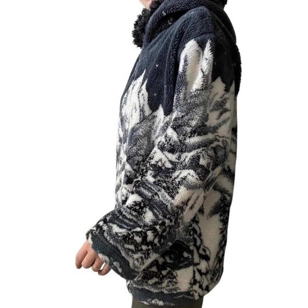 Vintage Black Mountain Winter Cabin Christmad Scene Ski Deep Pile Fleece Jacket - Picture 6 of 7